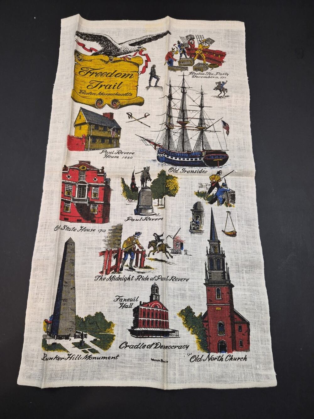 Vintage Painted Linen Tea Towel " Fredom Trail" Kaydee Linens